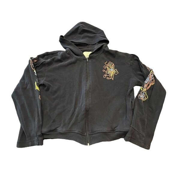 Authentic Vintage Cocoa Black Hooded Jacket with Floral Embroidery XL - Picture 1 of 8